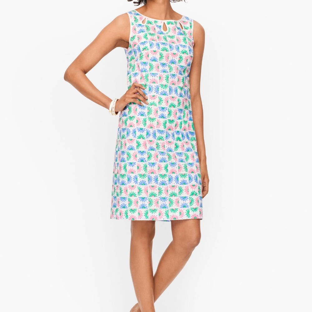 Talbots Cotton Eyelet Dress White Pink-Blue-Green Floral – Size 12 – NWT